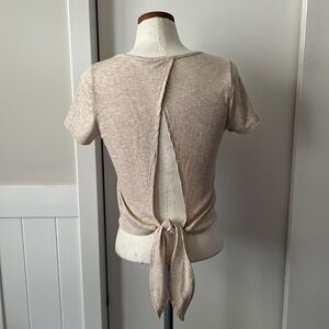 Girls back tie rib tee, oatmeal heather, short sleeve size L, blue rain, NICE!